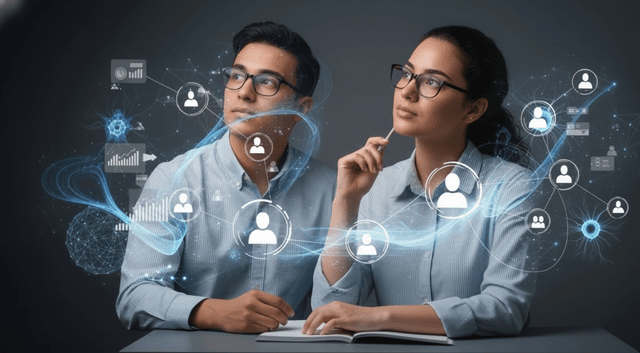 Mentor conversando con estudiante frente a portátil