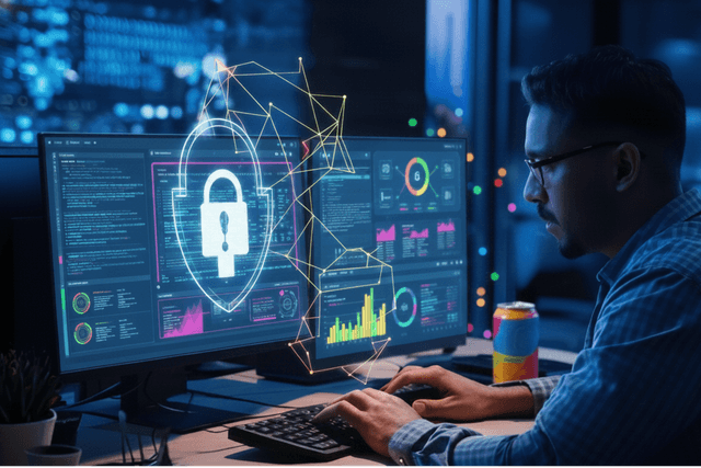 Monitor con código y figura de usuario